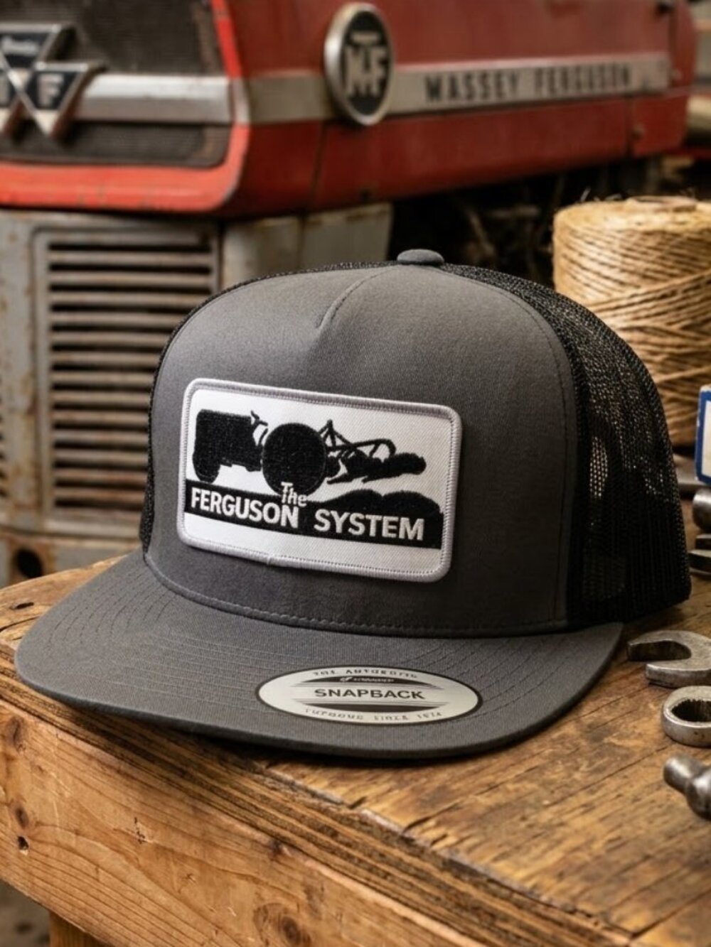 Retro Ferguson System Tractor Hat Grey Black Flat Brim Yupoong Snapback Cap USA